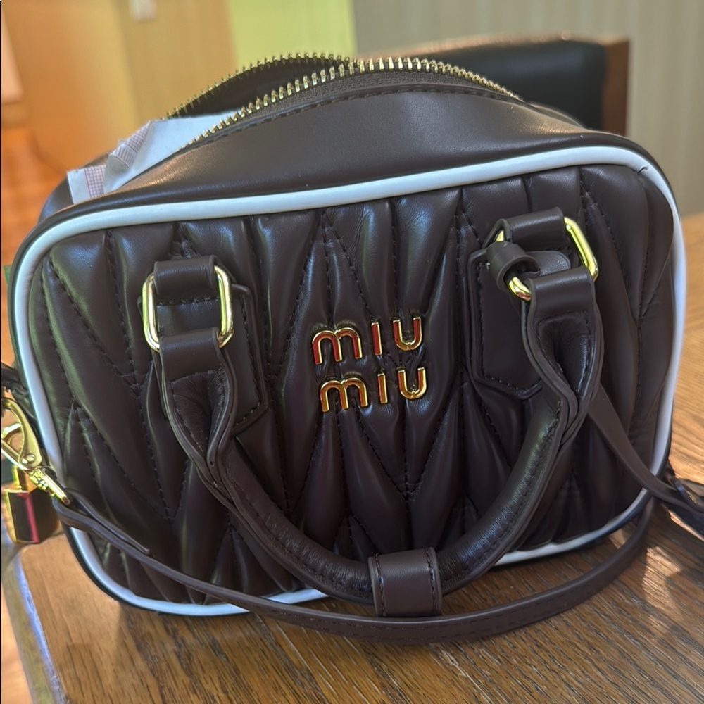 Miu Miu Quilted Dark Brown Handbag with Gold Accents
